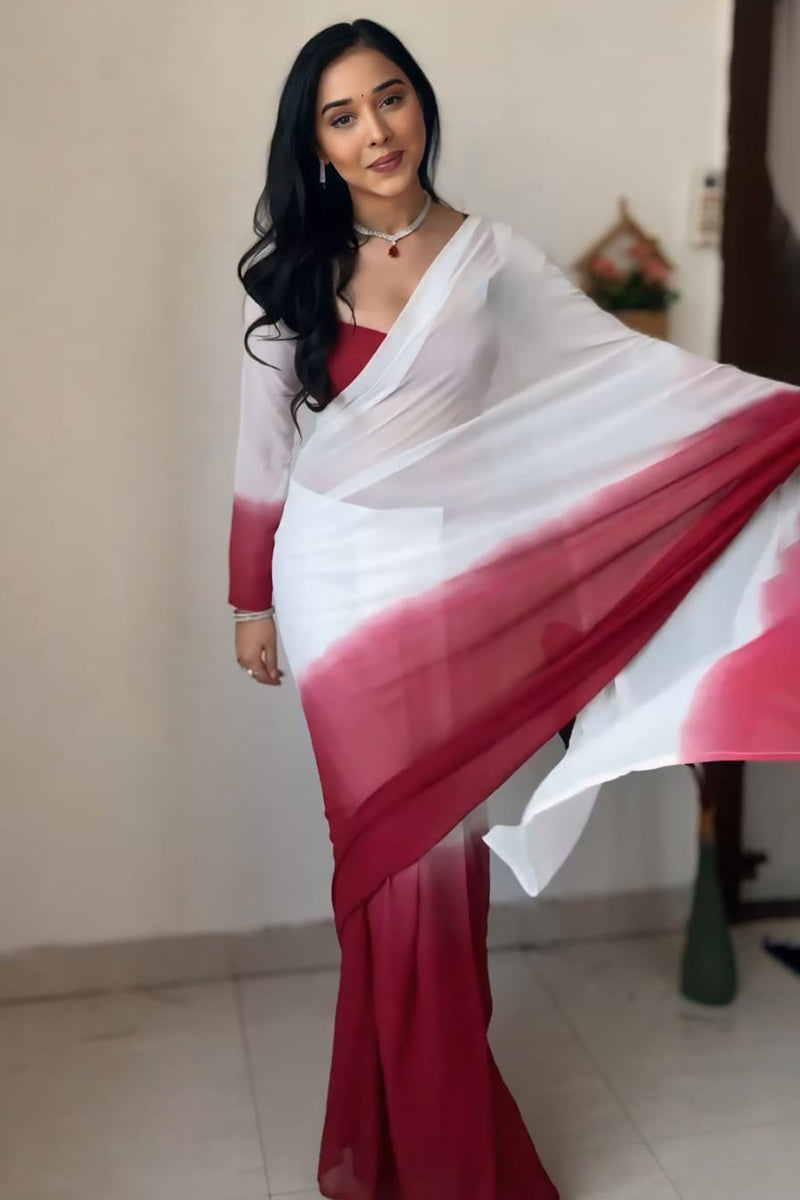 Tender One Minute Ready To Wear Dark Pink And White Georgette Saree