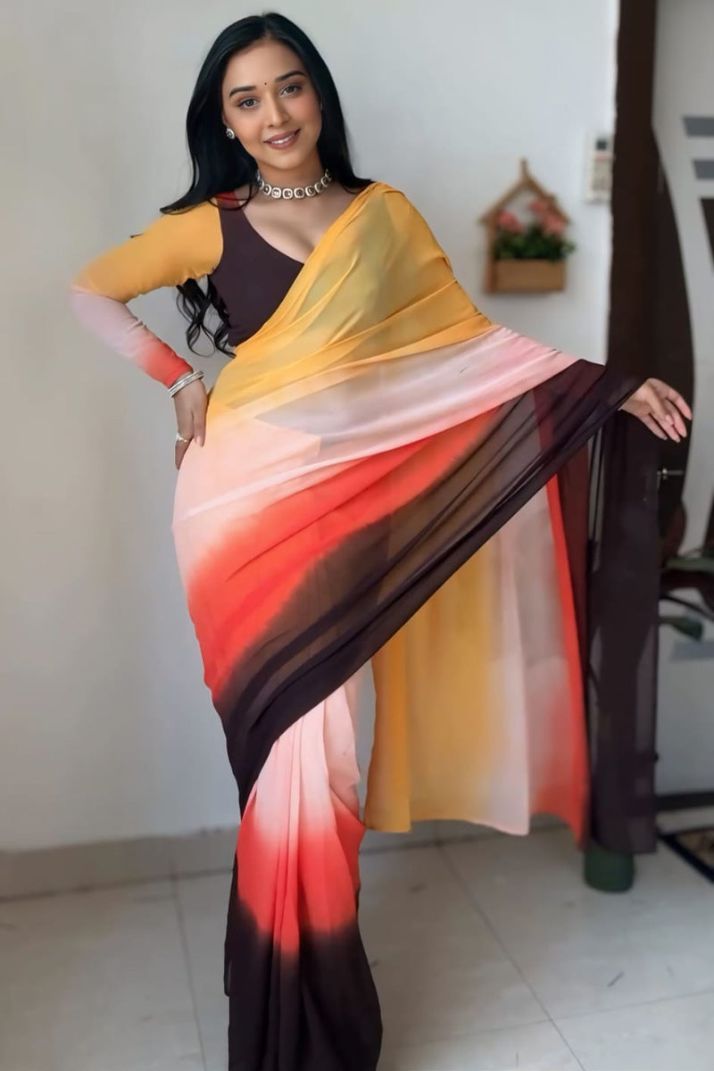 Shimmer One Minute Ready To Wear Yellow And Brown Georgette Saree