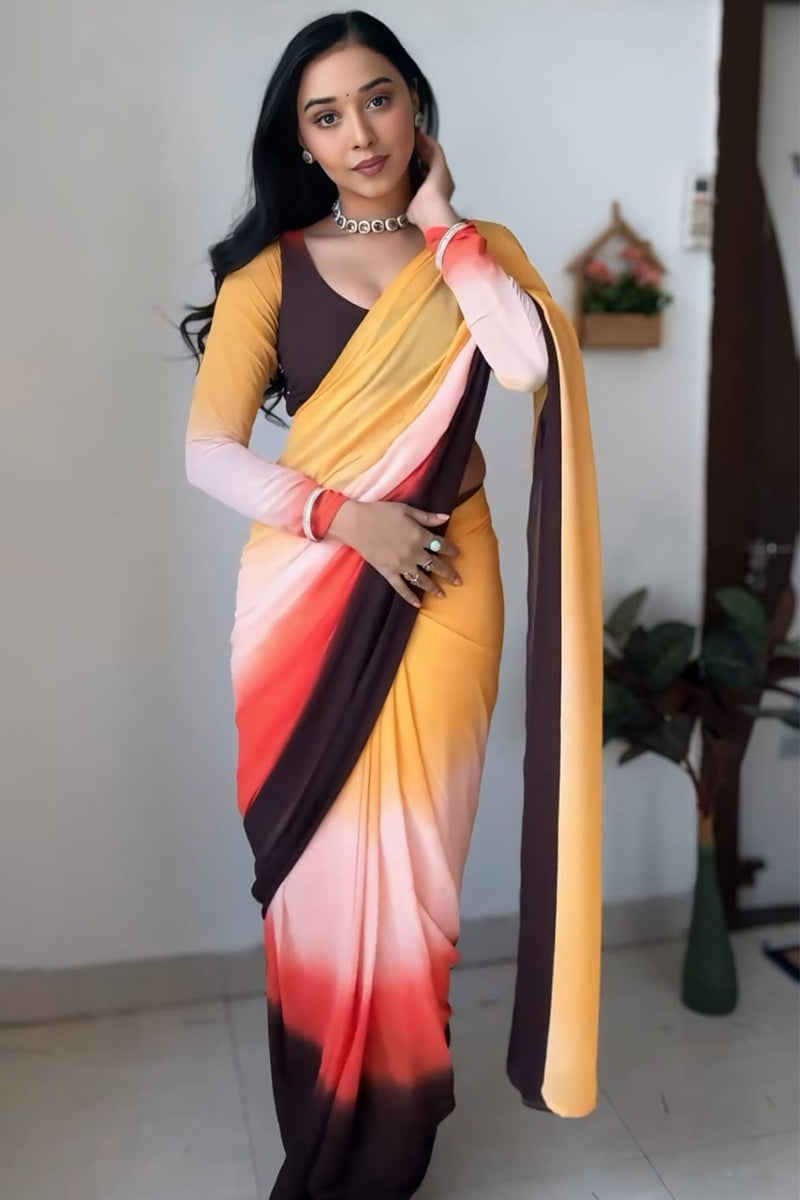 Shimmer One Minute Ready To Wear Yellow And Brown Georgette Saree