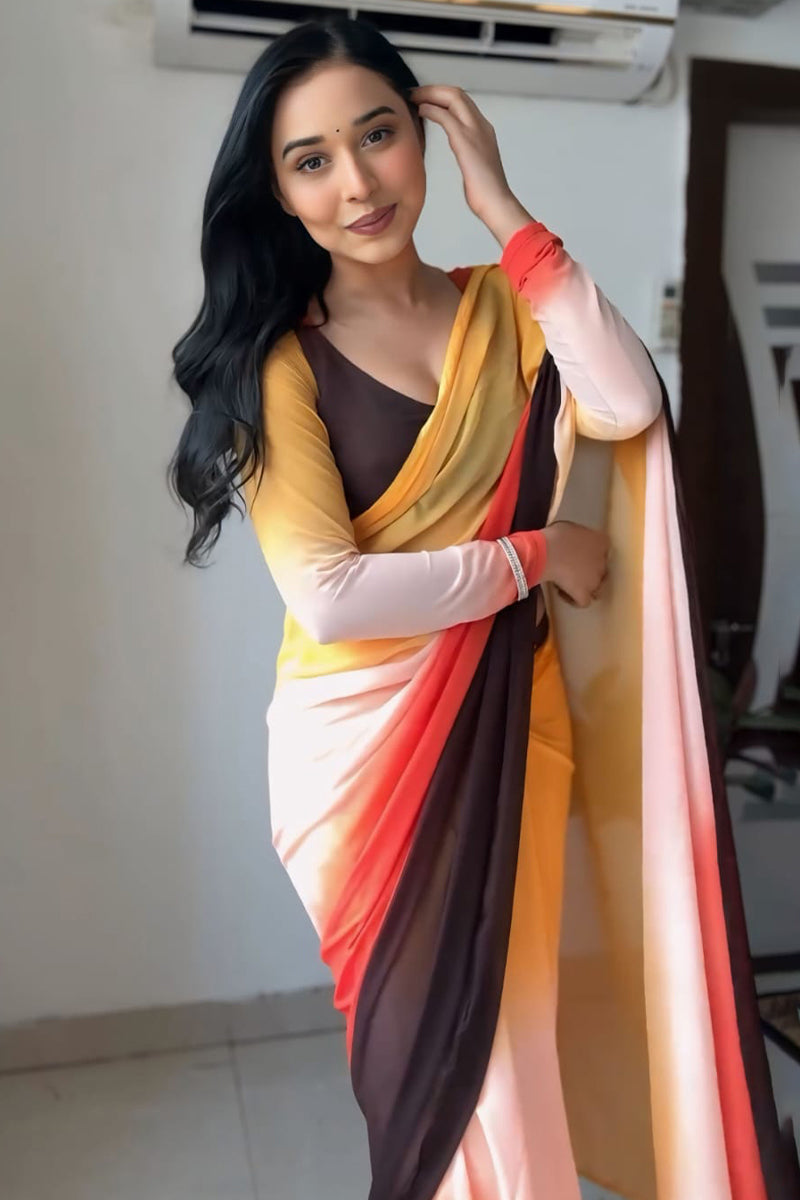 Shimmer One Minute Ready To Wear Yellow And Brown Georgette Saree