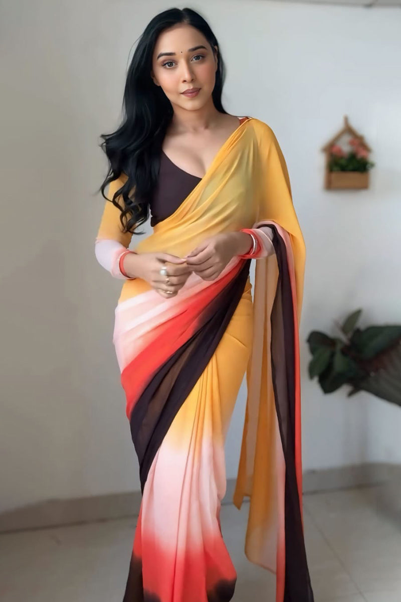 Shimmer One Minute Ready To Wear Yellow And Brown Georgette Saree