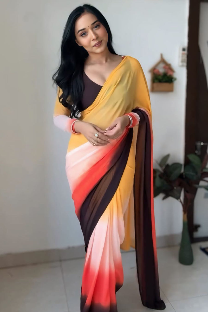 Shimmer One Minute Ready To Wear Yellow And Brown Georgette Saree