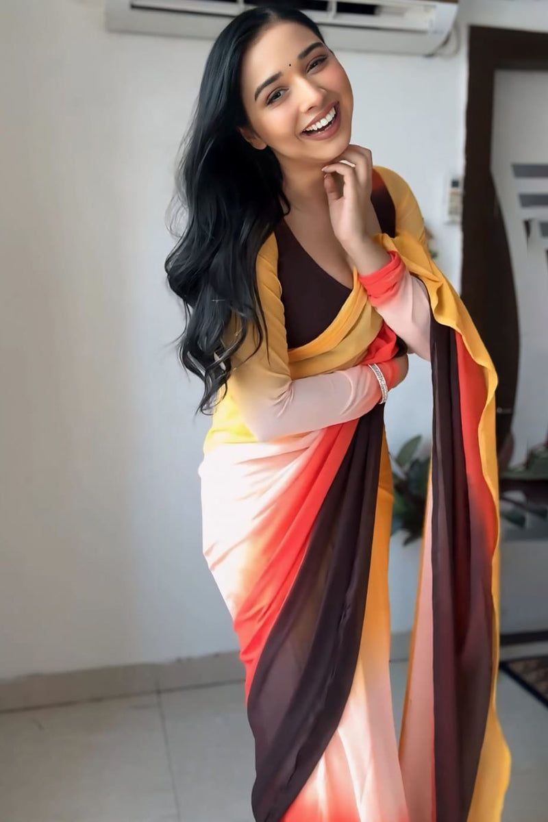 Shimmer One Minute Ready To Wear Yellow And Brown Georgette Saree