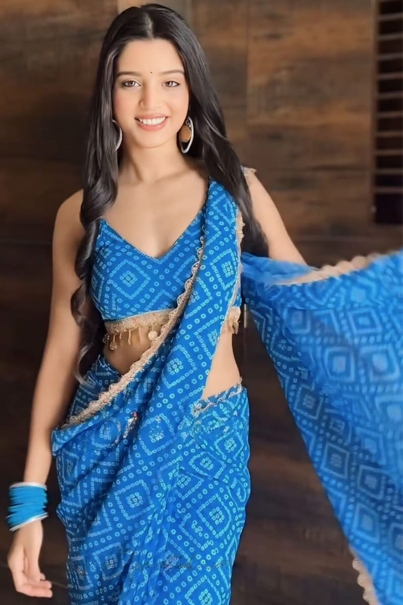 Gleaming One Minute Ready To Wear Blue Georgette Saree