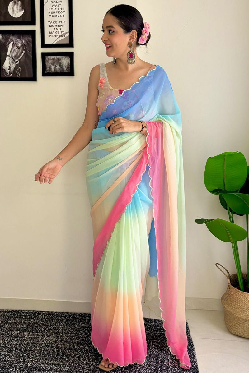 Lovelace One Minute Ready To Wear Firozi And Pink Georgette Saree