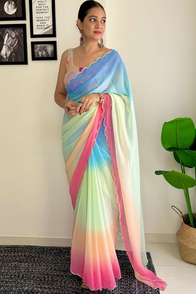 Lovelace One Minute Ready To Wear Firozi And Pink Georgette Saree