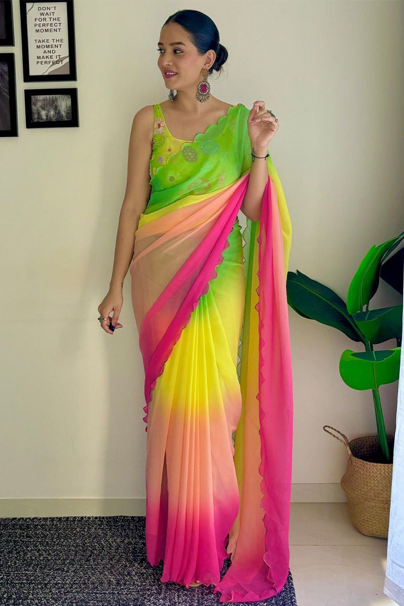 Eleganza One Minute Ready To Wear Green And Pink Georgette Saree