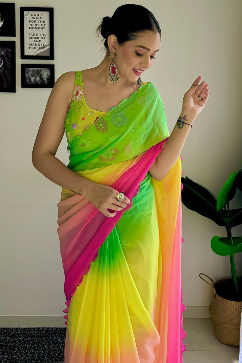 Eleganza One Minute Ready To Wear Green And Pink Georgette Saree