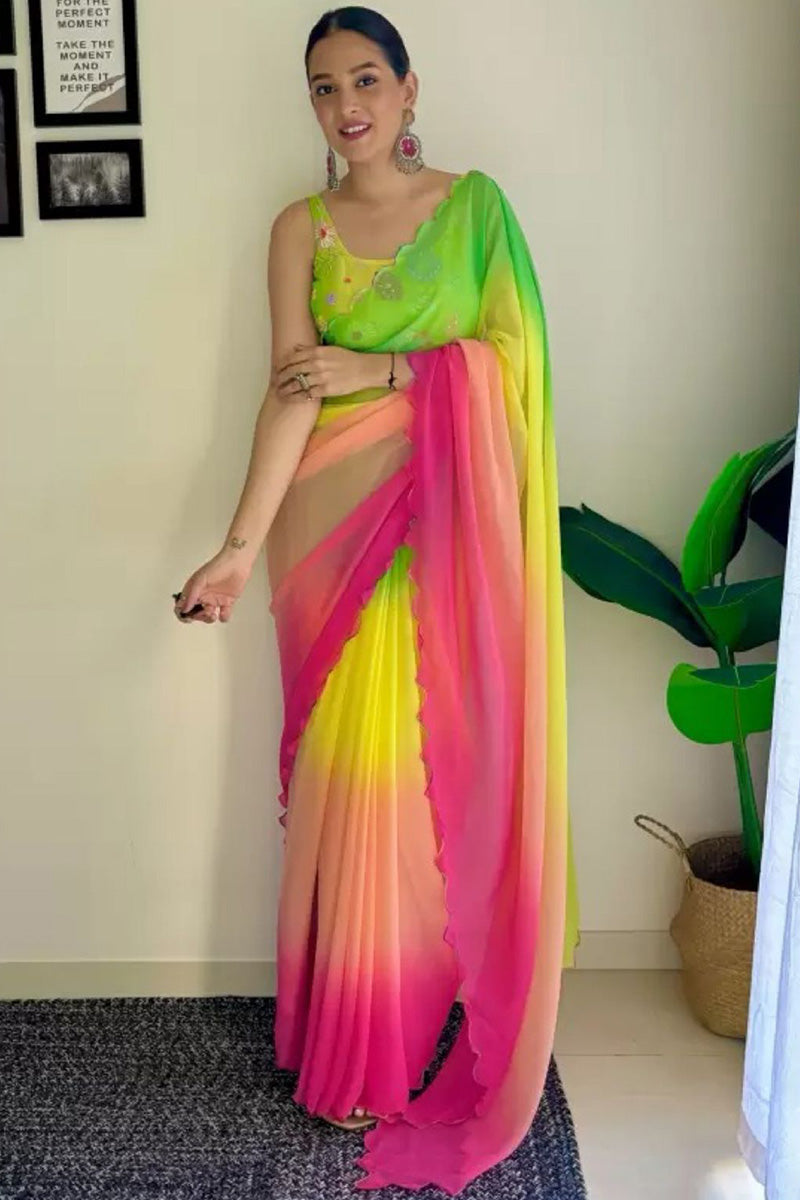 Eleganza One Minute Ready To Wear Green And Pink Georgette Saree