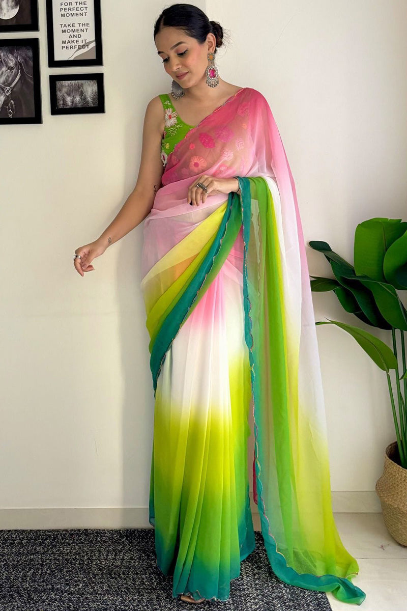 Breathtaking One Minute Ready To Wear Pink And Parrot Georgette Saree