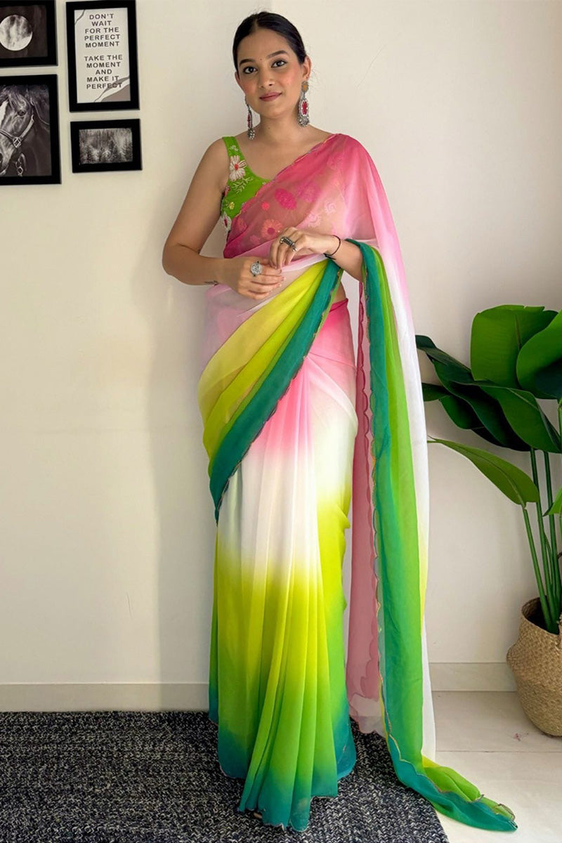 Breathtaking One Minute Ready To Wear Pink And Parrot Georgette Saree