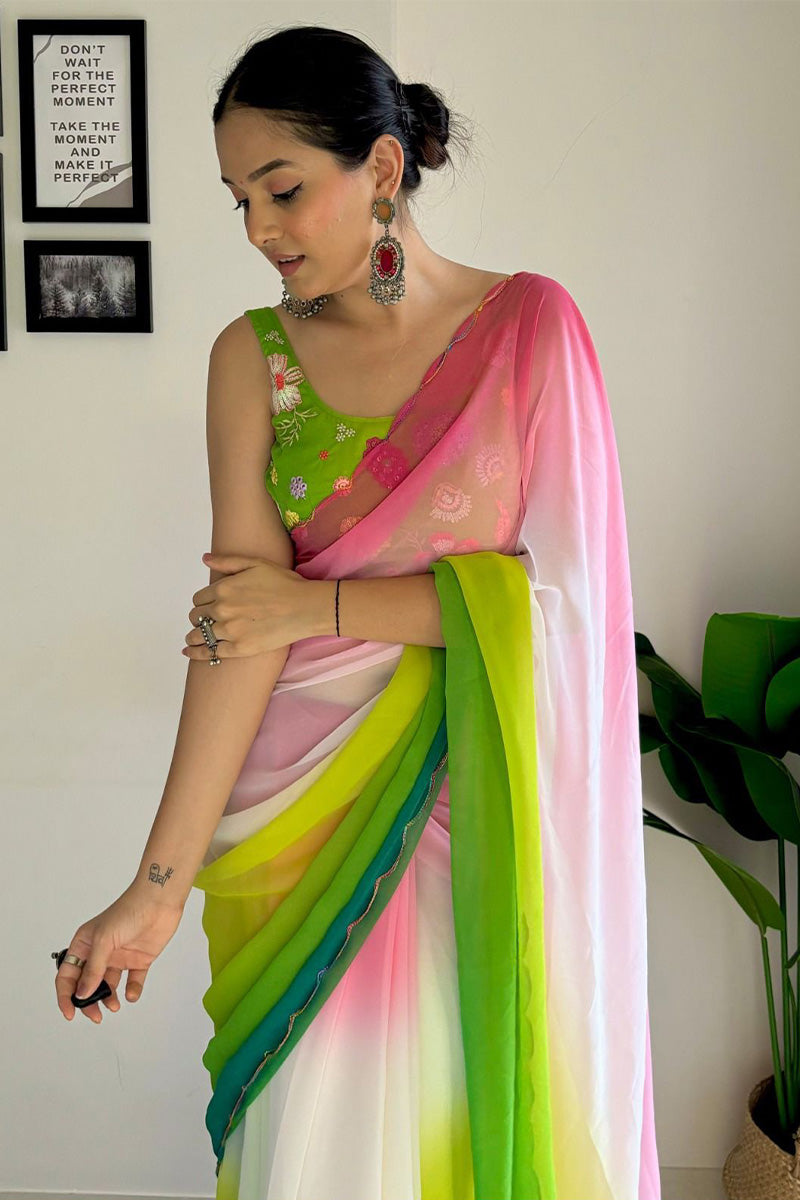 Breathtaking One Minute Ready To Wear Pink And Parrot Georgette Saree