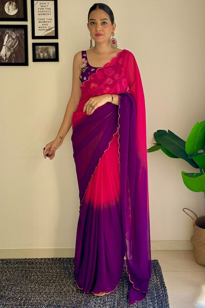 Twilight One Minute Ready To Wear Pink And Purple Georgette Saree