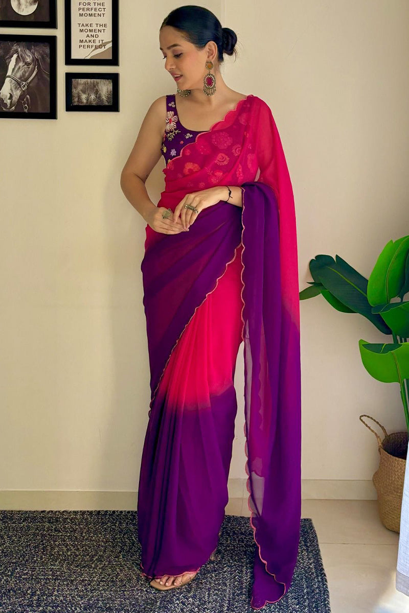 Twilight One Minute Ready To Wear Pink And Purple Georgette Saree