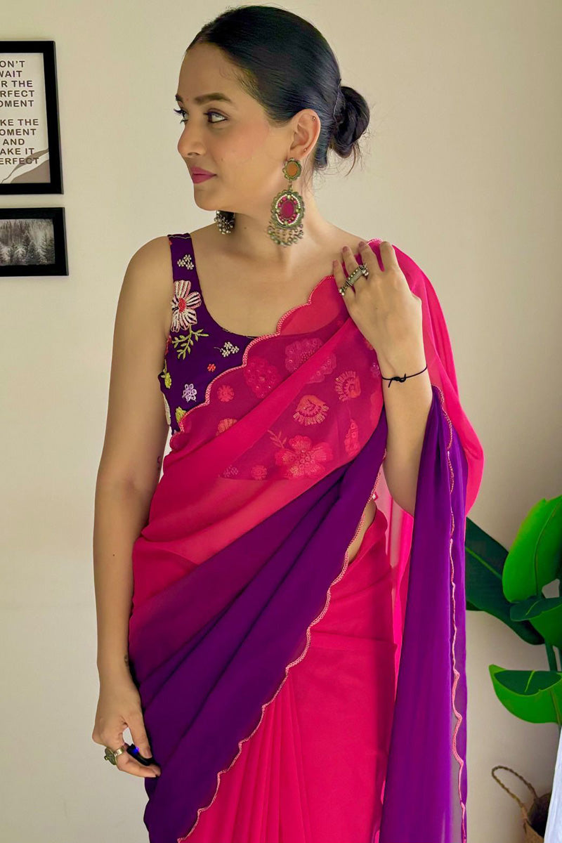 Twilight One Minute Ready To Wear Pink And Purple Georgette Saree