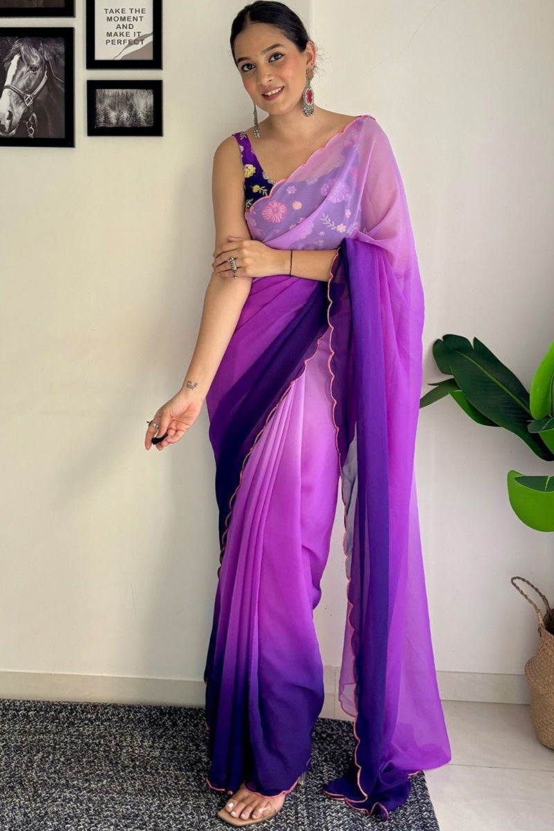 Velvetine One Minute Ready To Wear Purple And Blue Georgette Saree