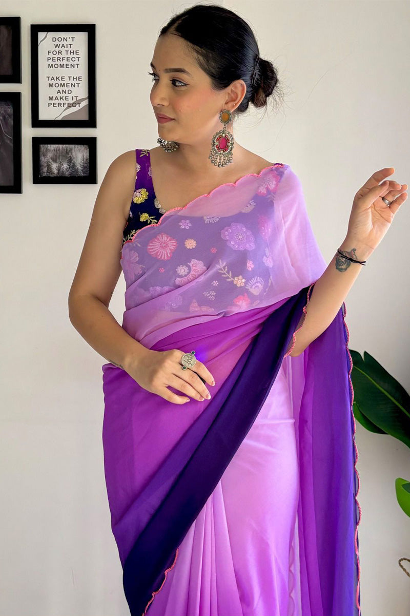 Velvetine One Minute Ready To Wear Purple And Blue Georgette Saree