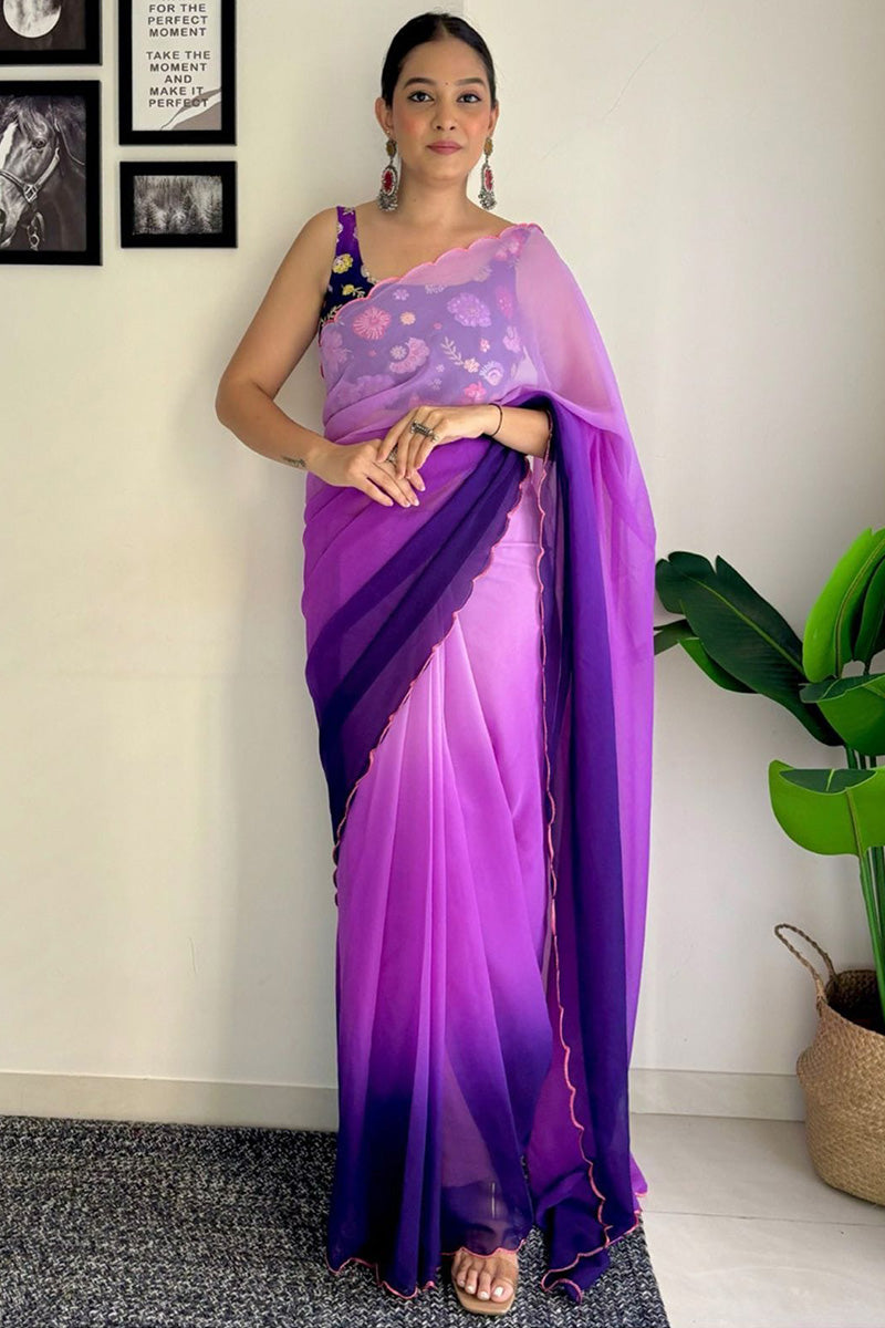 Velvetine One Minute Ready To Wear Purple And Blue Georgette Saree