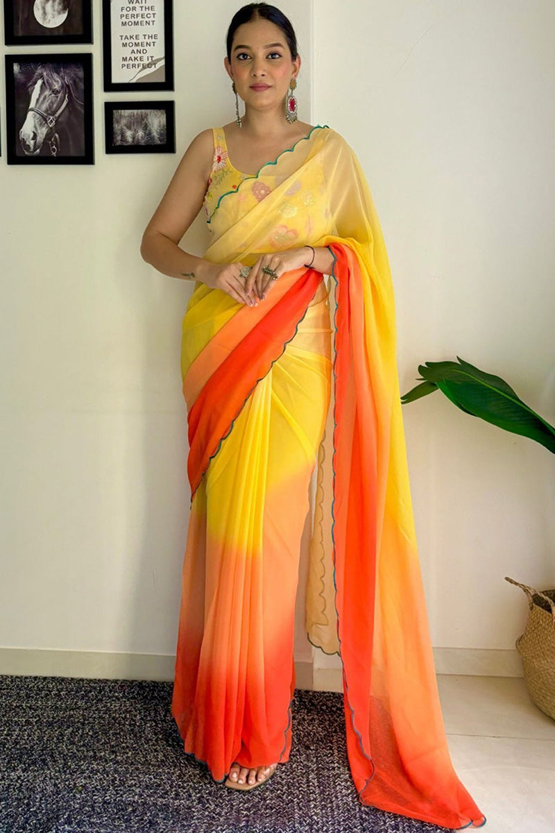 Serene One Minute Ready To Wear Yellow And Orange Georgette Saree