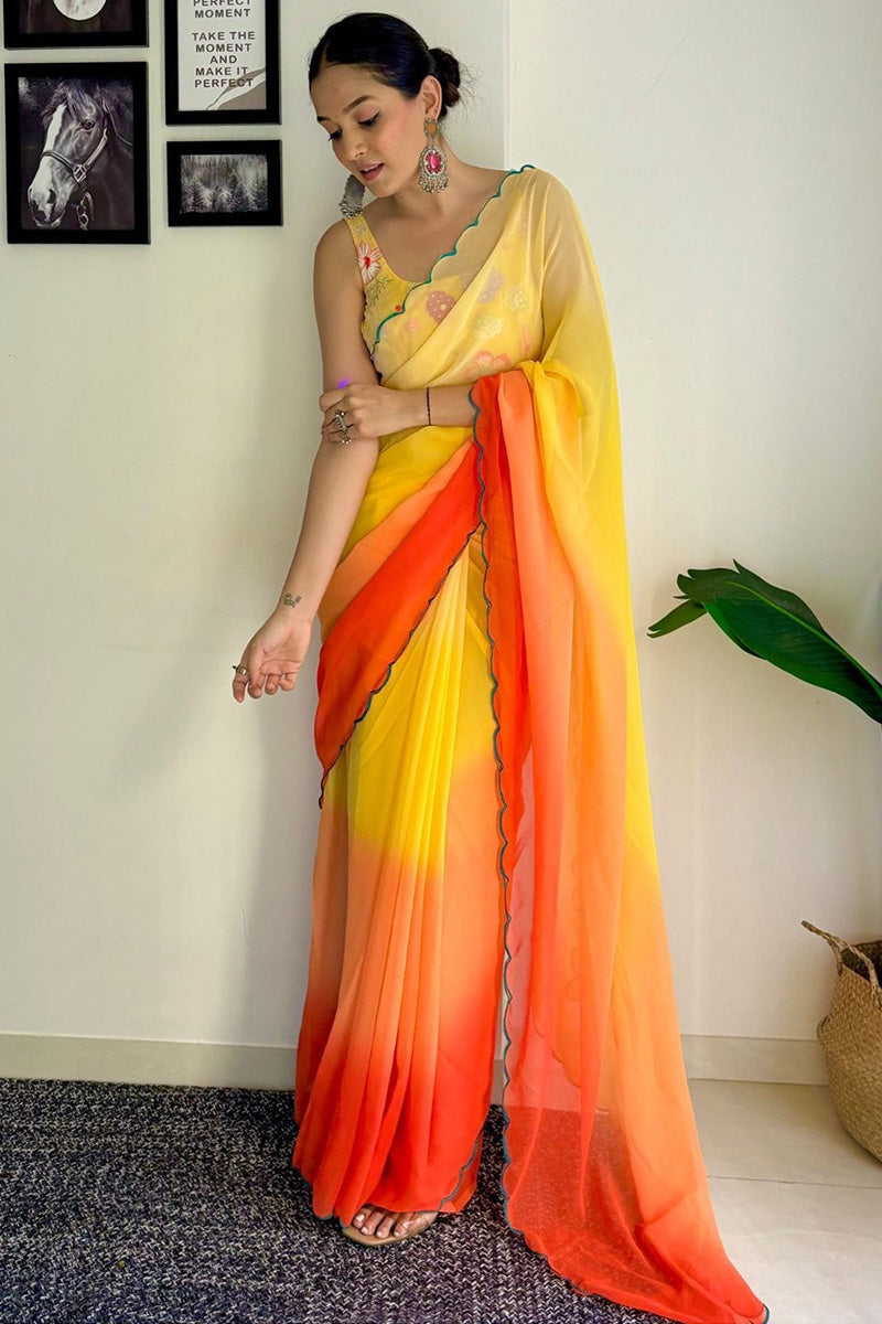 Serene One Minute Ready To Wear Yellow And Orange Georgette Saree