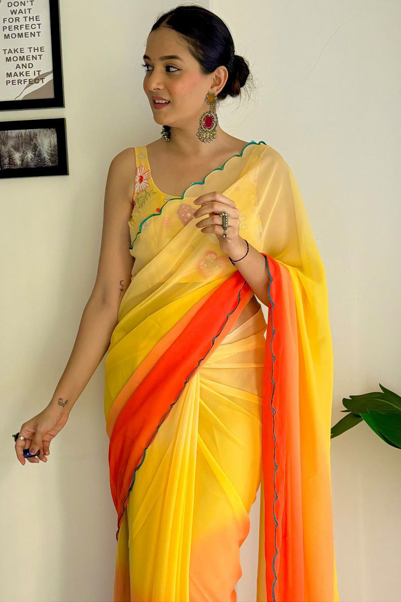 Serene One Minute Ready To Wear Yellow And Orange Georgette Saree