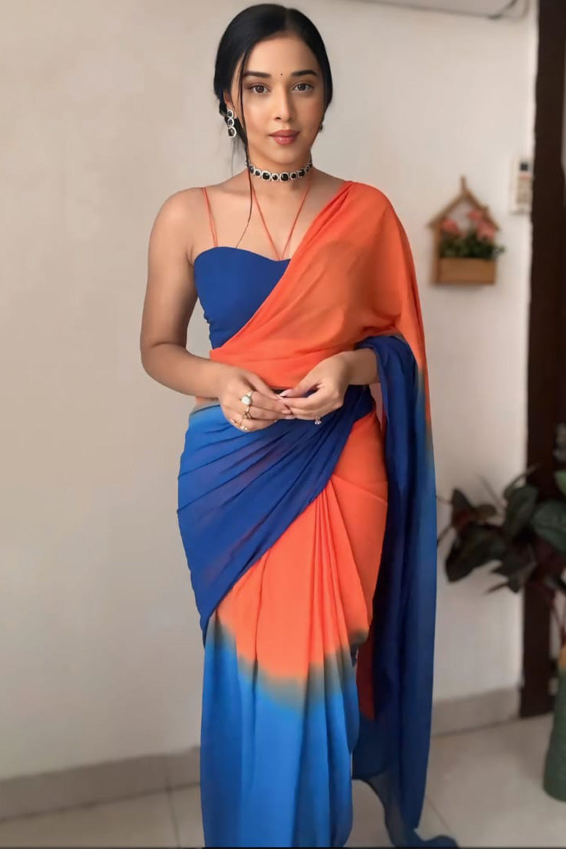 Charming One Minute Ready To Wear Orange And Blue Georgette Saree