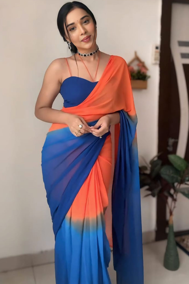 Charming One Minute Ready To Wear Orange And Blue Georgette Saree