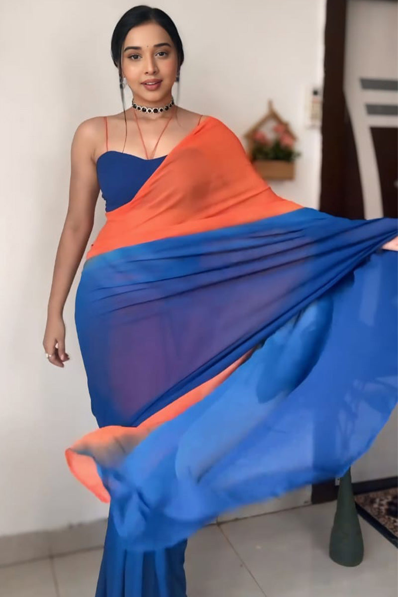 Charming One Minute Ready To Wear Orange And Blue Georgette Saree