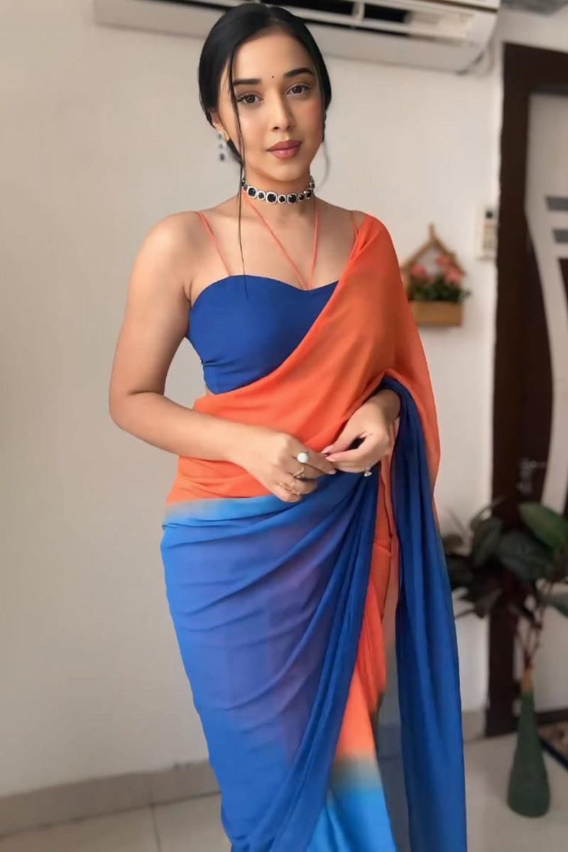 Charming One Minute Ready To Wear Orange And Blue Georgette Saree