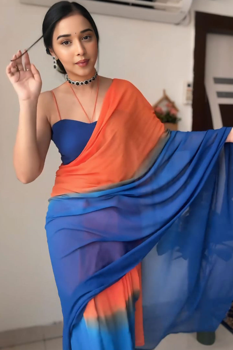 Charming One Minute Ready To Wear Orange And Blue Georgette Saree