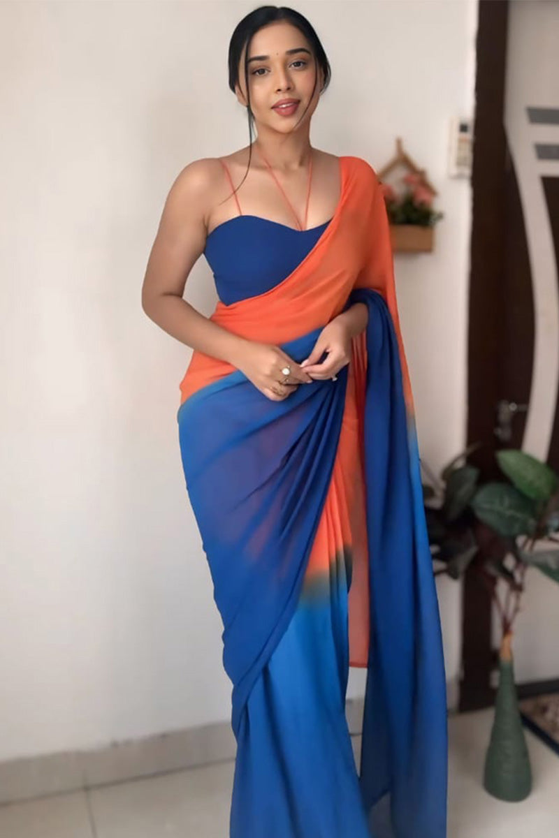 Charming One Minute Ready To Wear Orange And Blue Georgette Saree