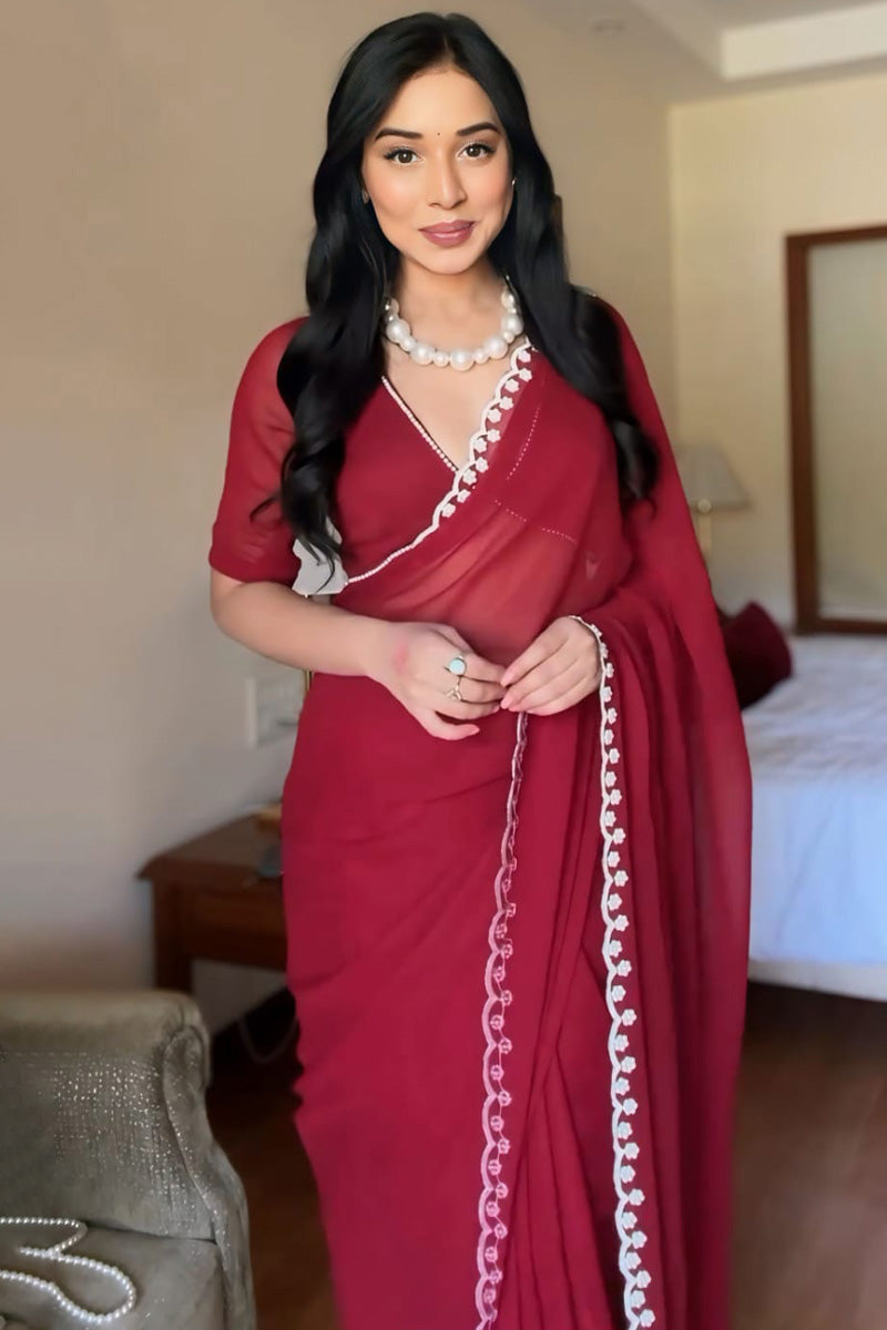 Alluring One Minute Ready To Wear Maroon Georgette Saree