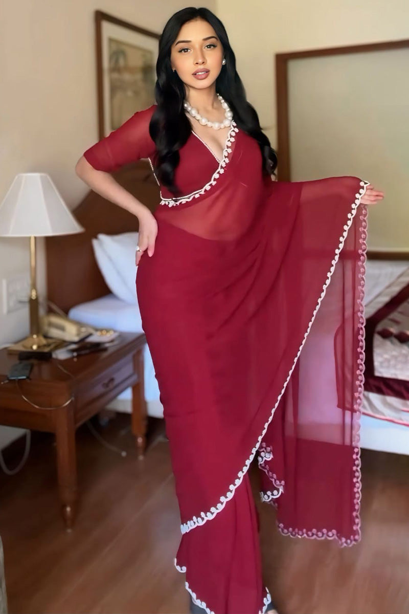 Alluring One Minute Ready To Wear Maroon Georgette Saree