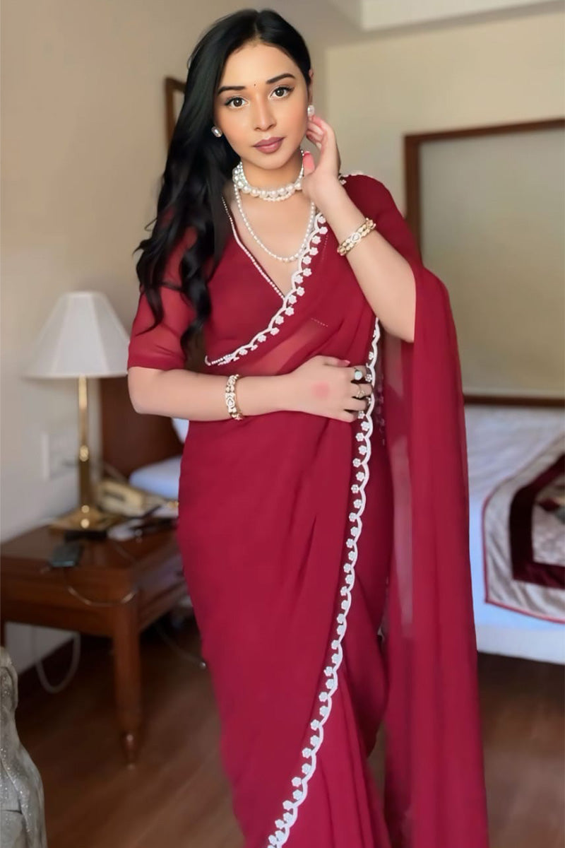 Alluring One Minute Ready To Wear Maroon Georgette Saree