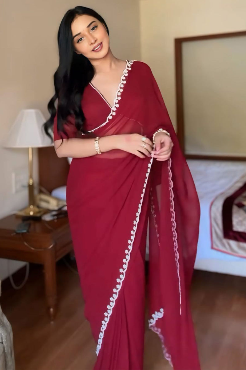 Alluring One Minute Ready To Wear Maroon Georgette Saree