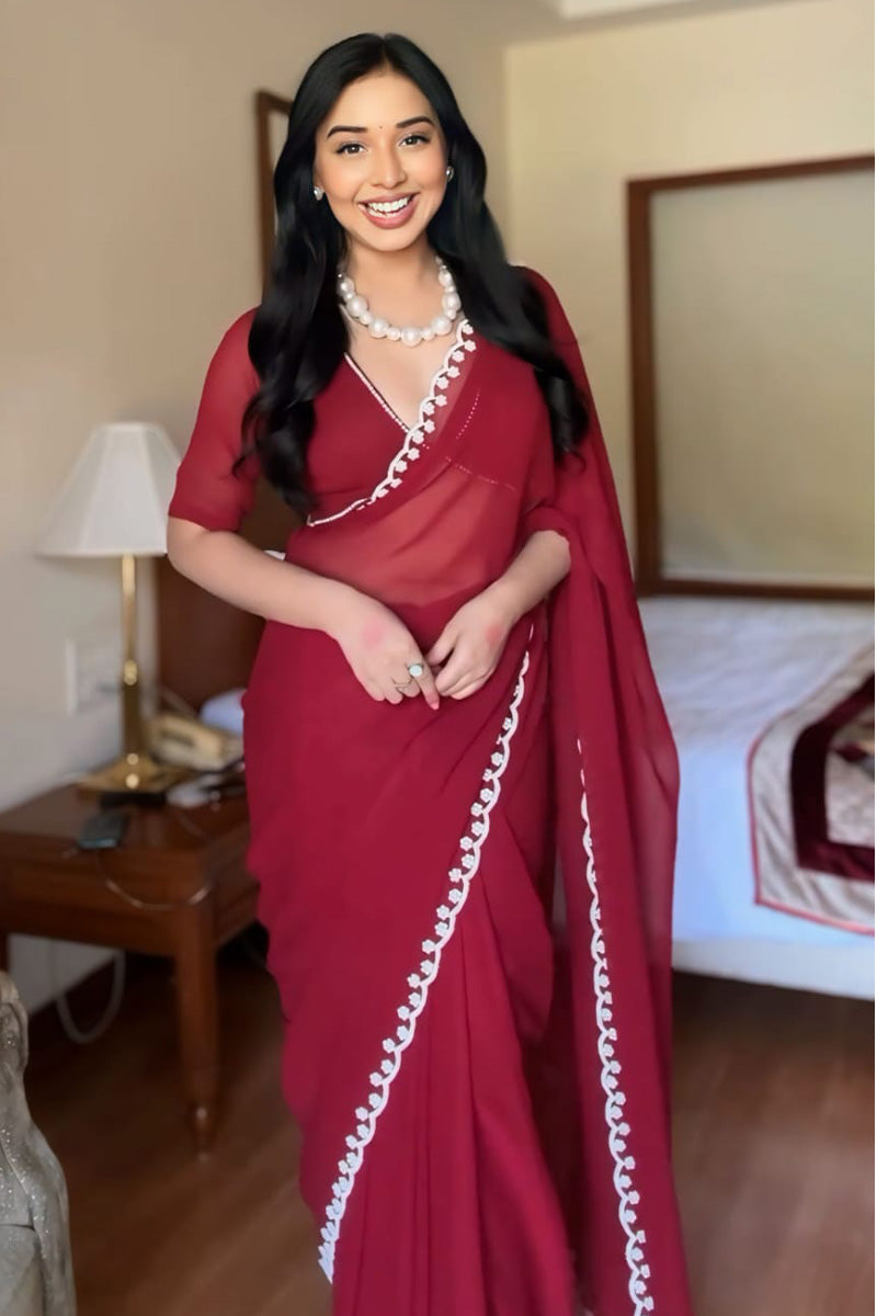 Alluring One Minute Ready To Wear Maroon Georgette Saree