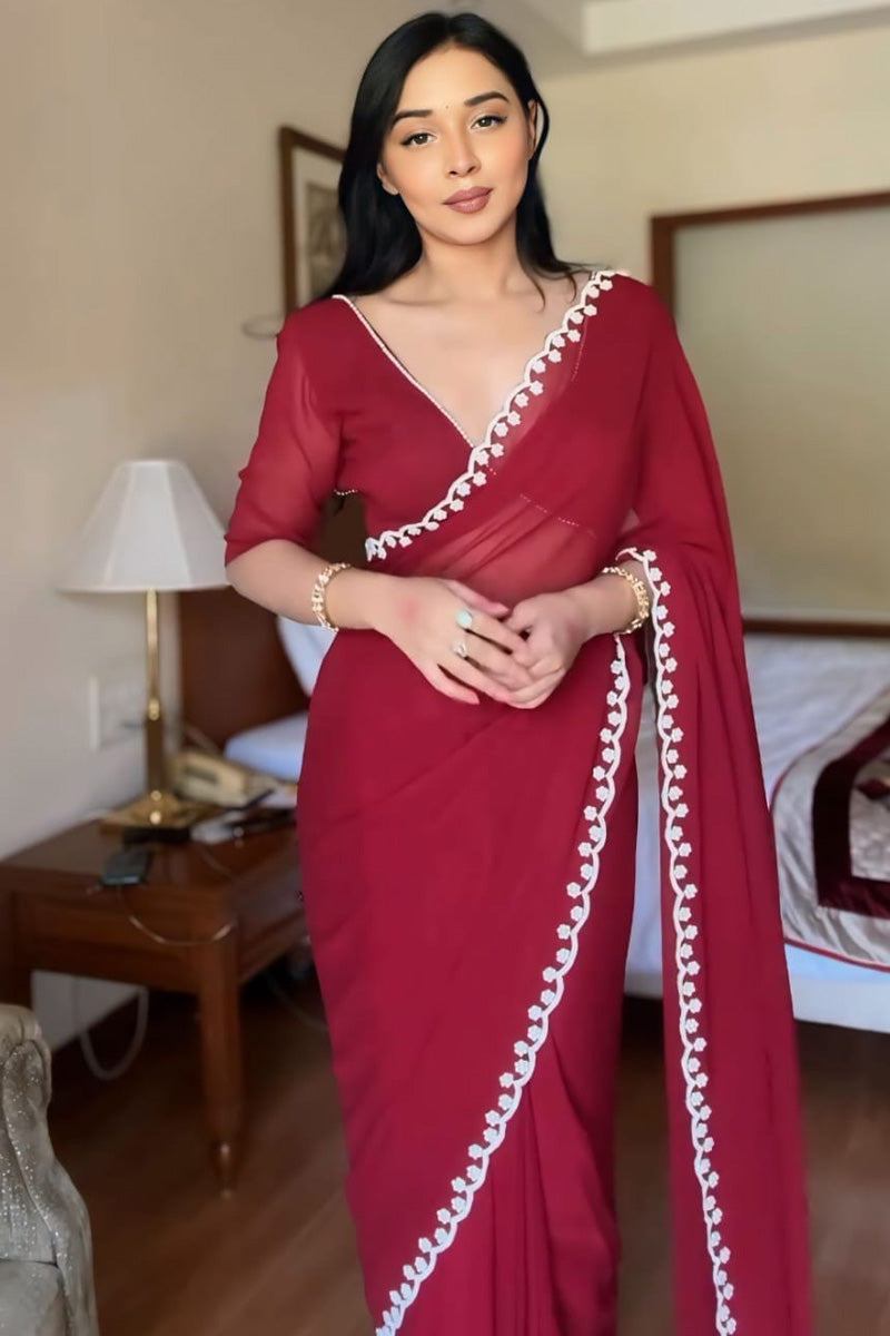 Alluring One Minute Ready To Wear Maroon Georgette Saree