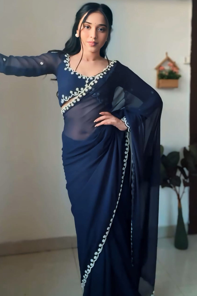 Flourish One Minute Ready To Wear Navy Blue Georgette Saree