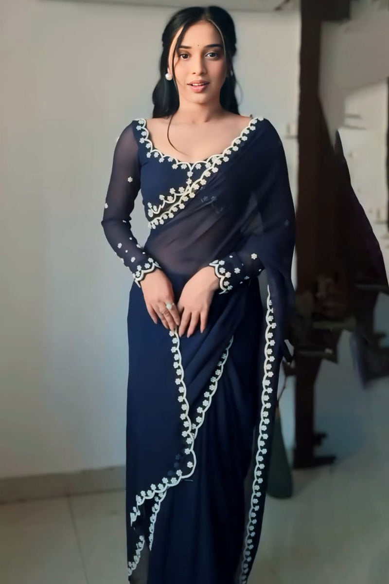 Flourish One Minute Ready To Wear Navy Blue Georgette Saree