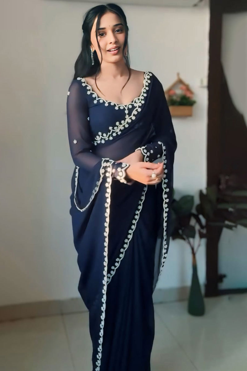 Flourish One Minute Ready To Wear Navy Blue Georgette Saree