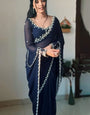 Flourish One Minute Ready To Wear Navy Blue Georgette Saree