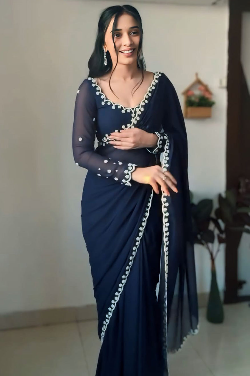 Flourish One Minute Ready To Wear Navy Blue Georgette Saree