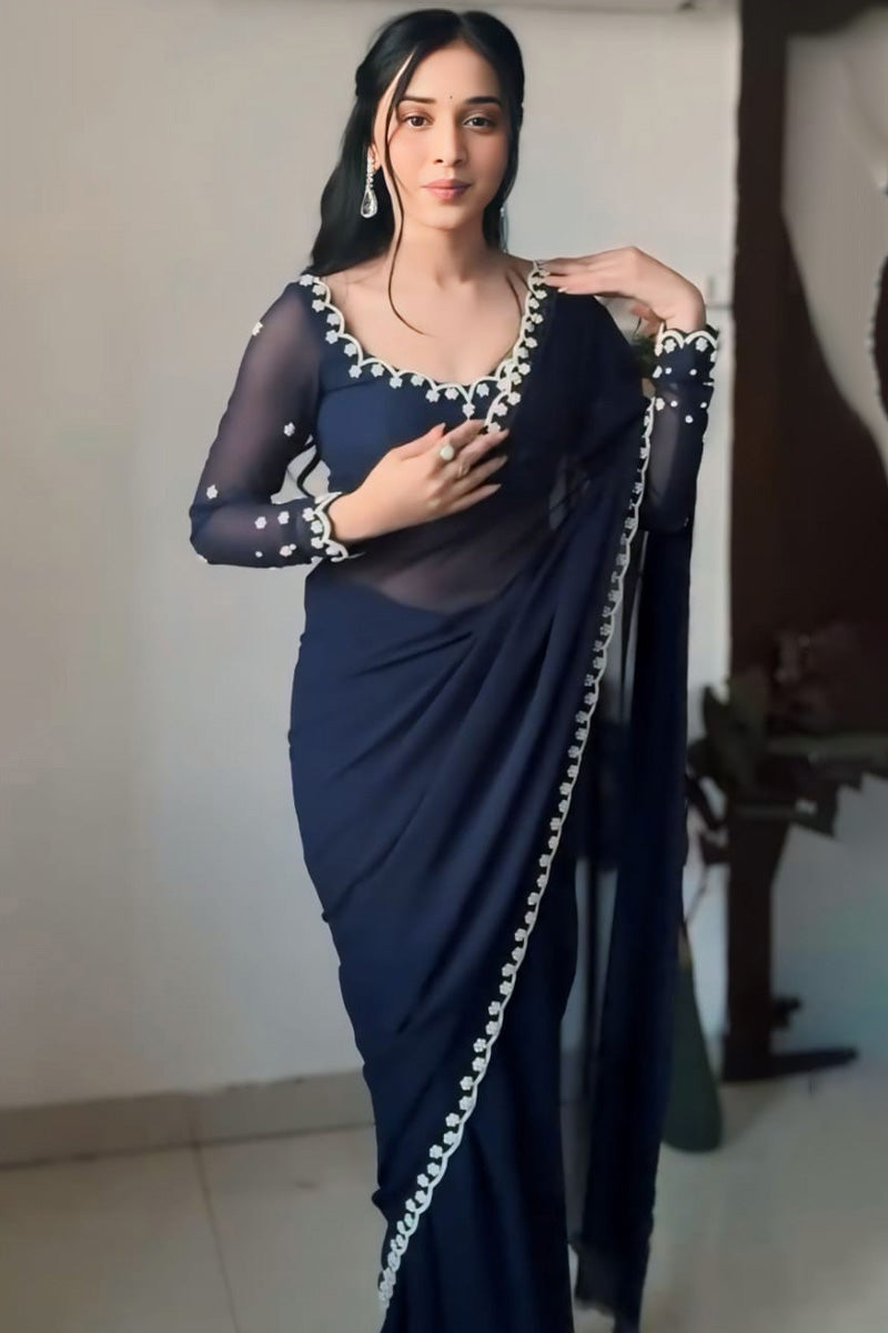 Flourish One Minute Ready To Wear Navy Blue Georgette Saree