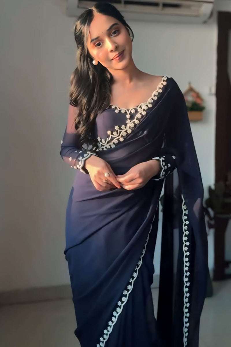 Flourish One Minute Ready To Wear Navy Blue Georgette Saree