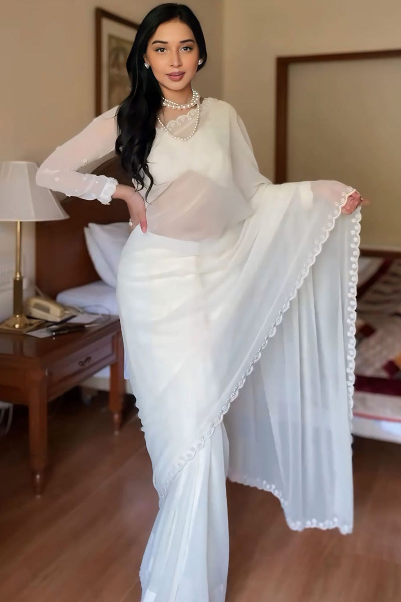 Luminous One Minute Ready To Wear White Georgette Saree