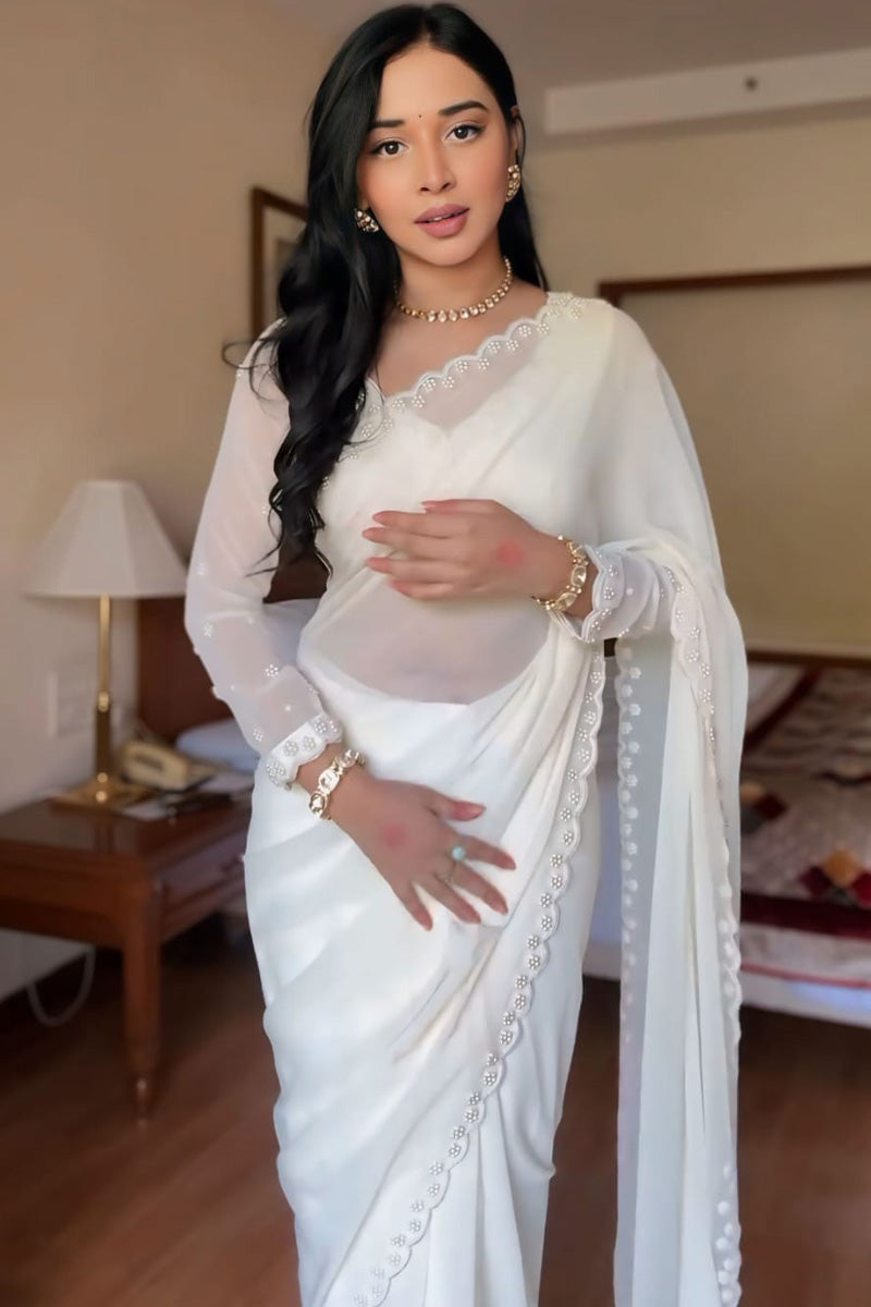 Luminous One Minute Ready To Wear White Georgette Saree