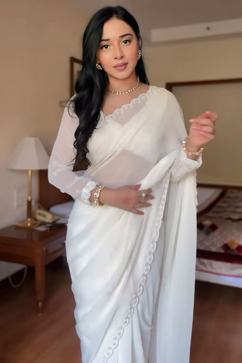 Luminous One Minute Ready To Wear White Georgette Saree