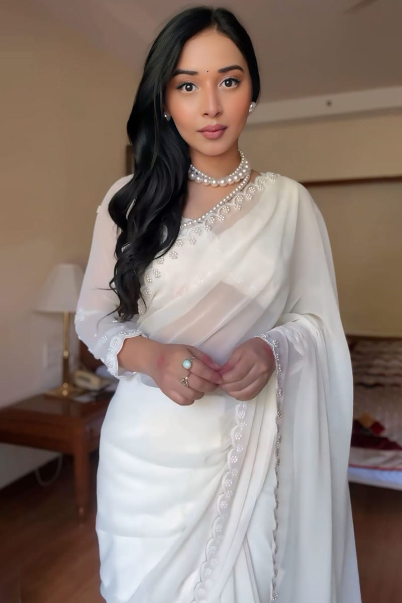 Luminous One Minute Ready To Wear White Georgette Saree