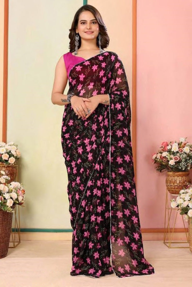 Lovely One Minute Ready To Wear Black Georgette Saree