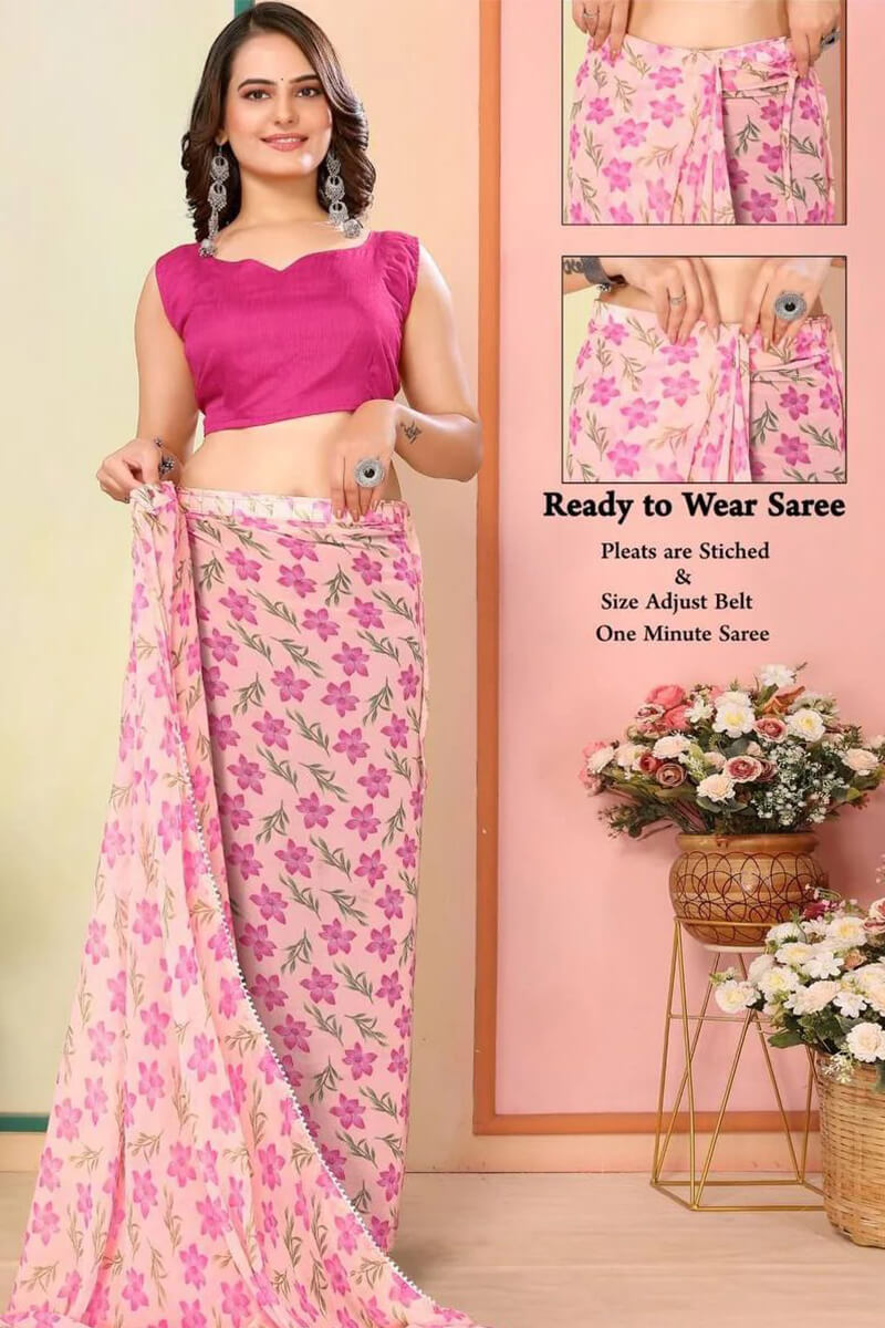 Resplendent One Minute Ready To Wear Pink Georgette Saree